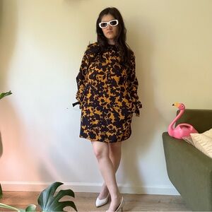 H&M Mustard Yellow & Black Long Sleeve Mini Shift Dress - POCKETS!! - L